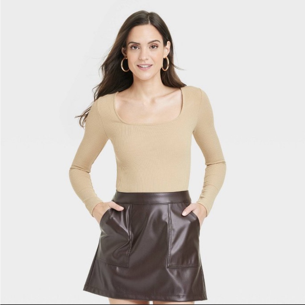 NWT Slim Fit Long Sleeve Tan Bodysuit - A New Day